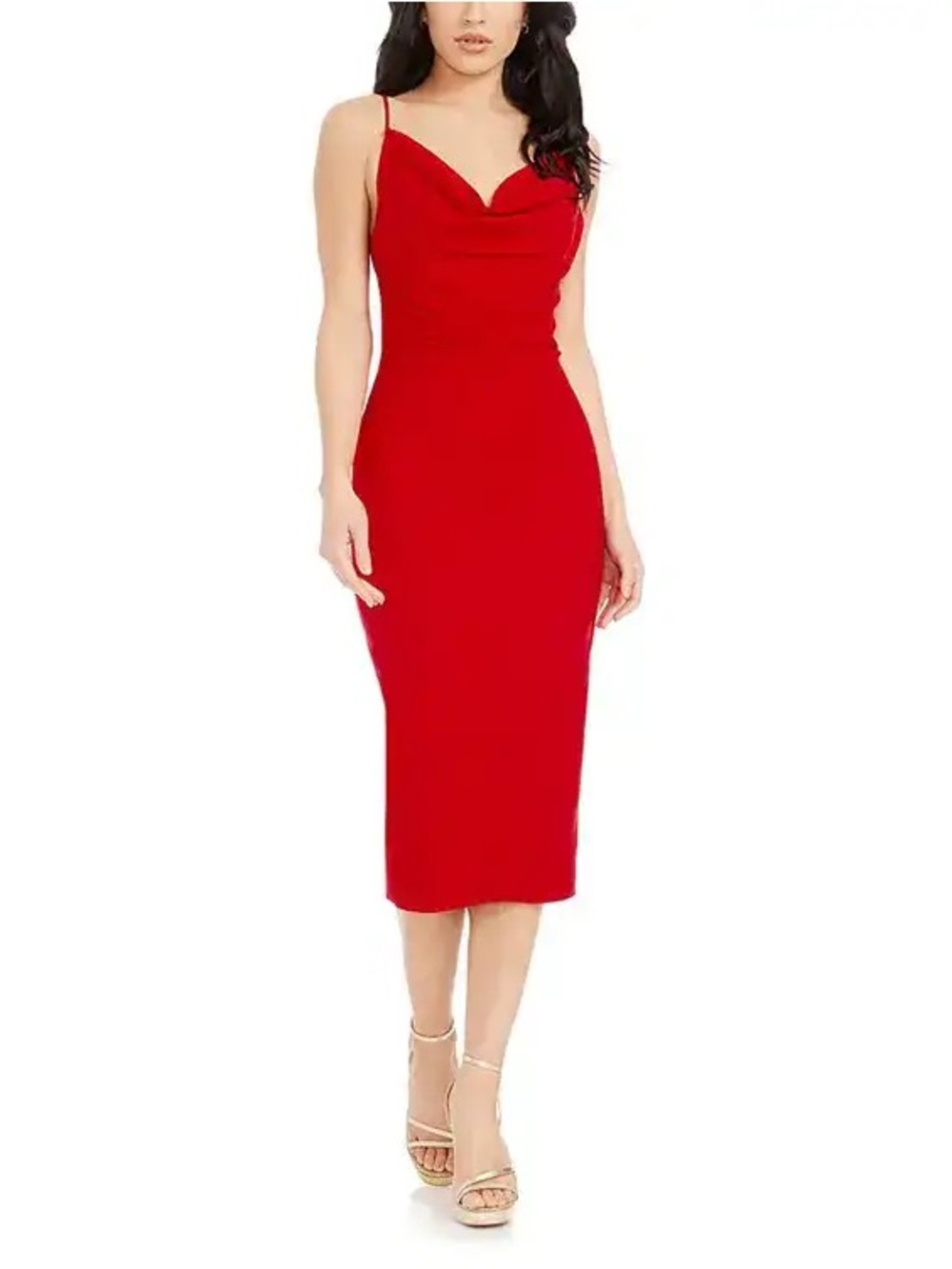 Dress the Population Nikki Rouge Red Cowl Neck Bodycon Midi Dress L NWOT